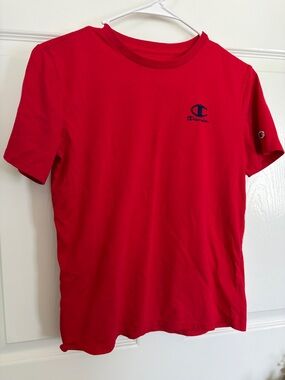Champion Red Tee with Small Navy Logo